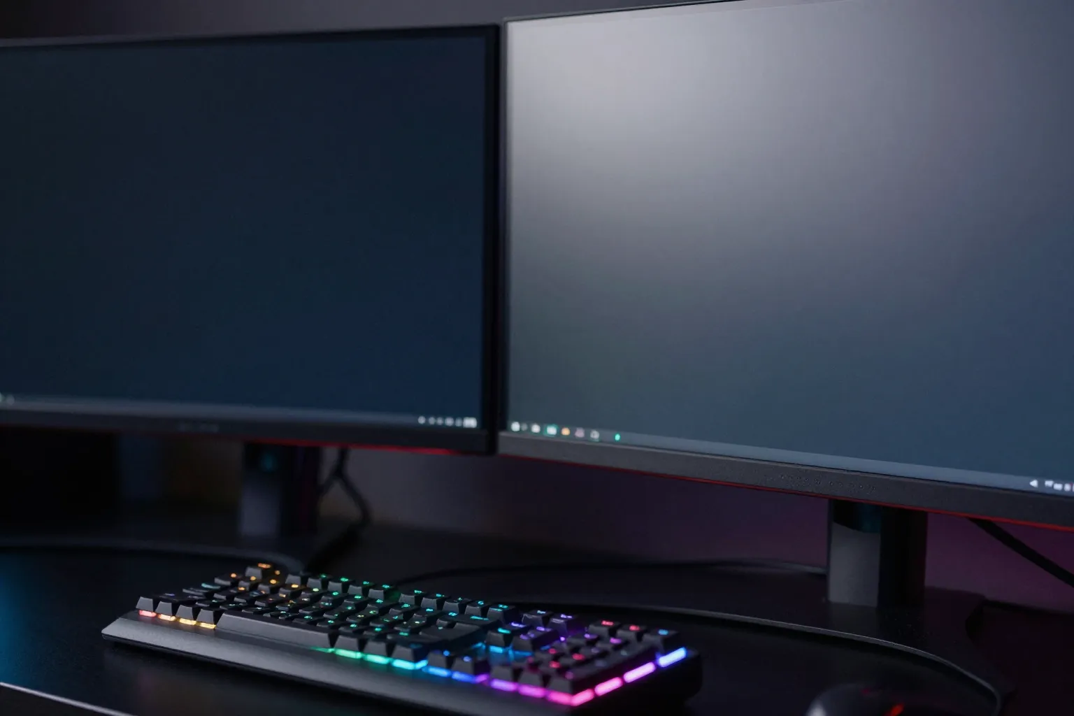 電競投注玩法示意：雙電競螢幕與 RGB 燈效機械鍵盤的科技感特寫