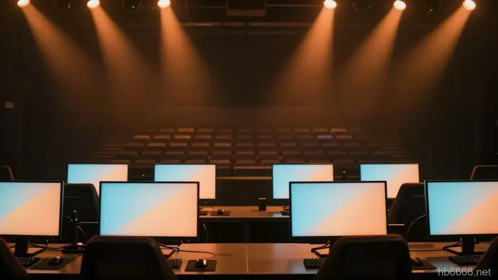 昏暗電競場館內空無一人的選手席,兩排電競椅與亮著藍橘漸層畫面的螢幕,橘色舞台燈打在空舞台上