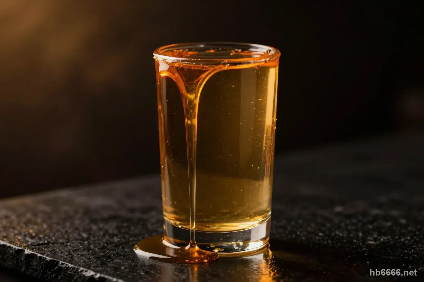 深色石面上一只素面玻璃杯裝滿發亮的琥珀色液體並滿溢出杯緣、沿杯壁流下在底部積成一灘,暖橘側光打亮流動的液面