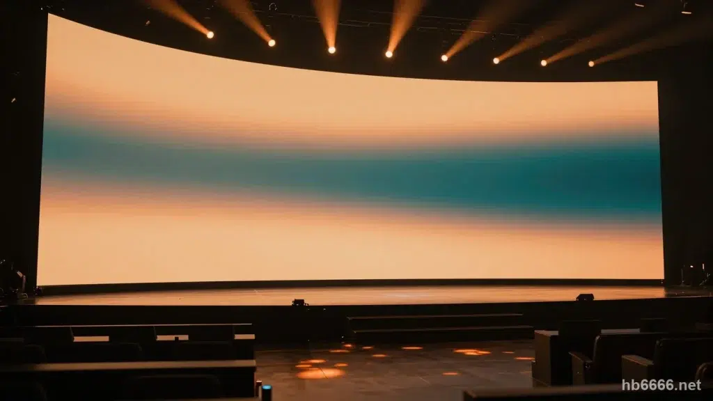昏暗電競場館的舞台全景,巨大弧形 LED 螢幕上是暖橘與青綠的抽象漸層光帶,橘金聚光燈束穿過薄霧灑向反光地板,前景是尚未有人入座的選手席,示意冠軍盤在賽事開打前就已經掛牌
