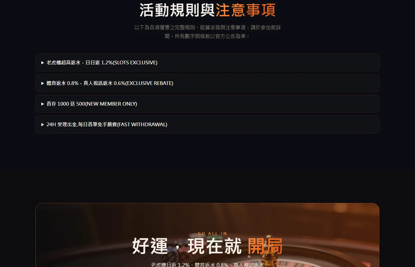 豪博娛樂城優惠活動頁下半部的活動規則與注意事項區塊,四個可展開的條款項目分別是老虎機日日返水、體育與真人視訊返水、首存1000送500、24H受理出金